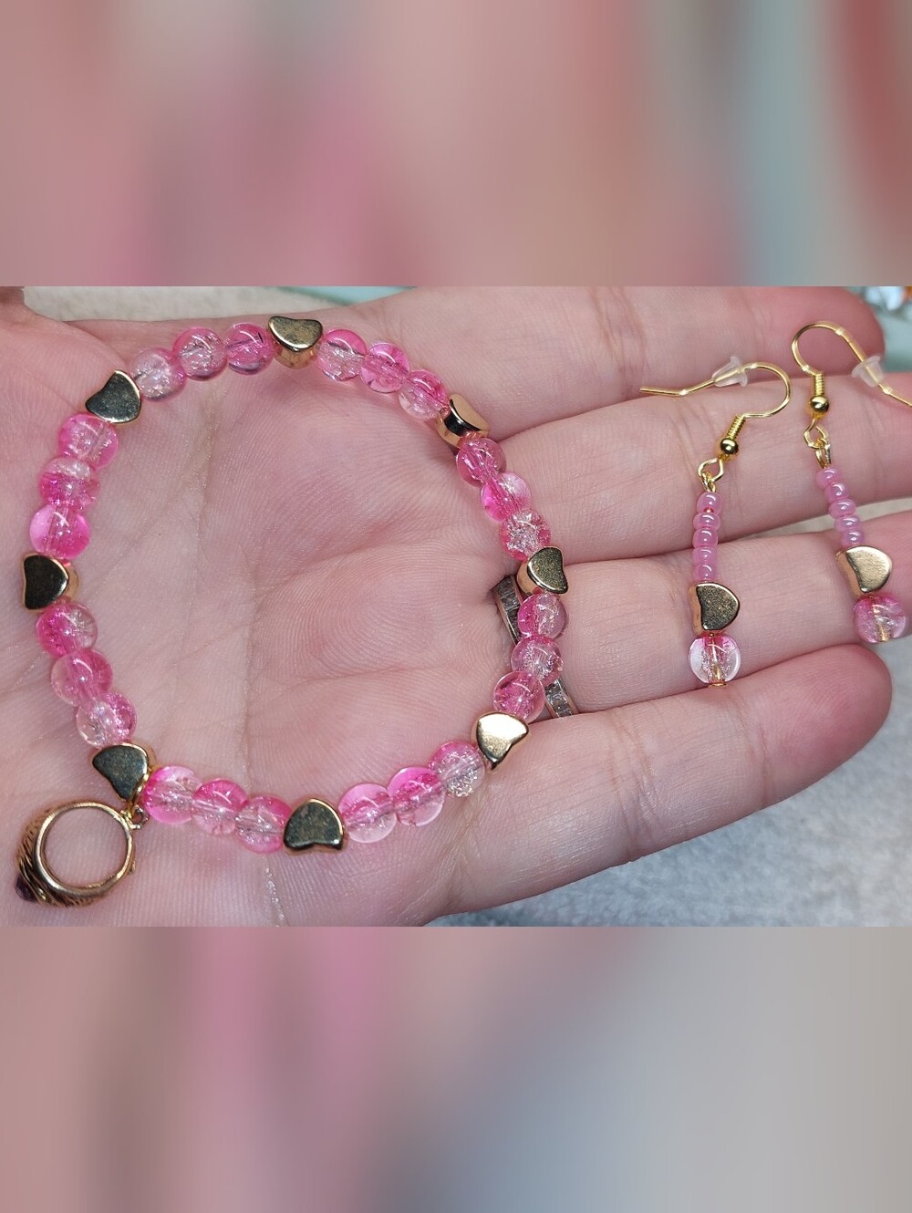 Handmade Pink Glass Beaded Heart Bracelet & Earrings Set With classring Charm